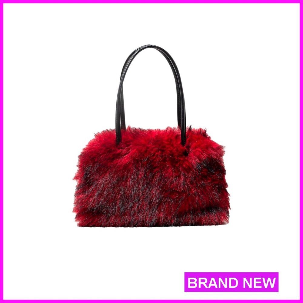 Faux Fur Plush Shoulder Bag Tote Zipper Closure Trendy Chic Winter Accessory